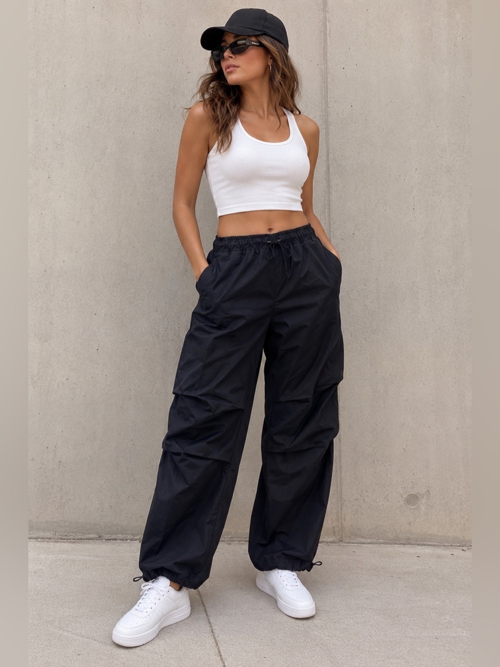 Women's Black Cargo Pants with Drawstring Waist